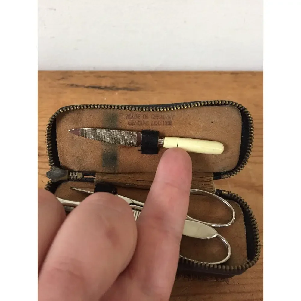 Vintage Western Germany Travel Hair Brush Manicure Set Leather Zip Dopp Kit